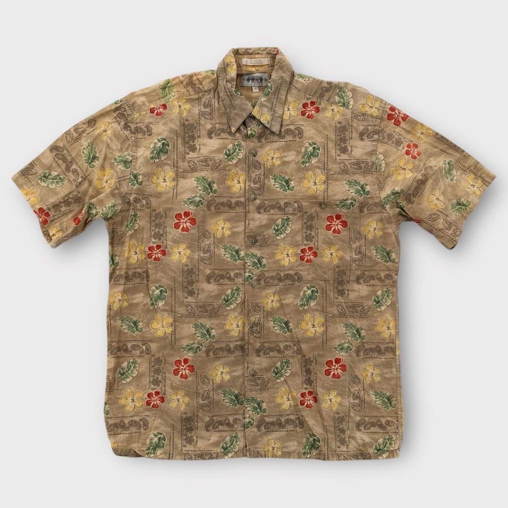 Vintage Campia Moda Mens Medium Floral Button Down Shirt Beige Short Sleeve Camp